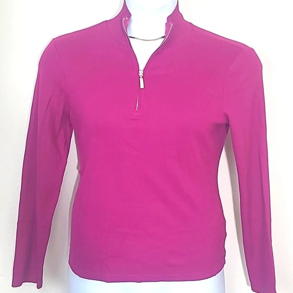 Long sleeve ribbed t shirt fuchsia bright pink half zip stretch Rafella Medium